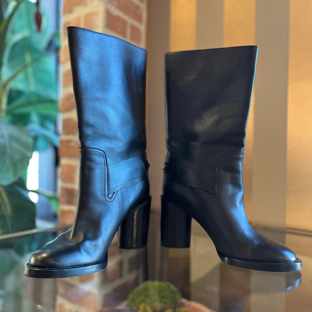FERRAGAMO Black Leather Mid Calf  Gancini Boots SZ 10